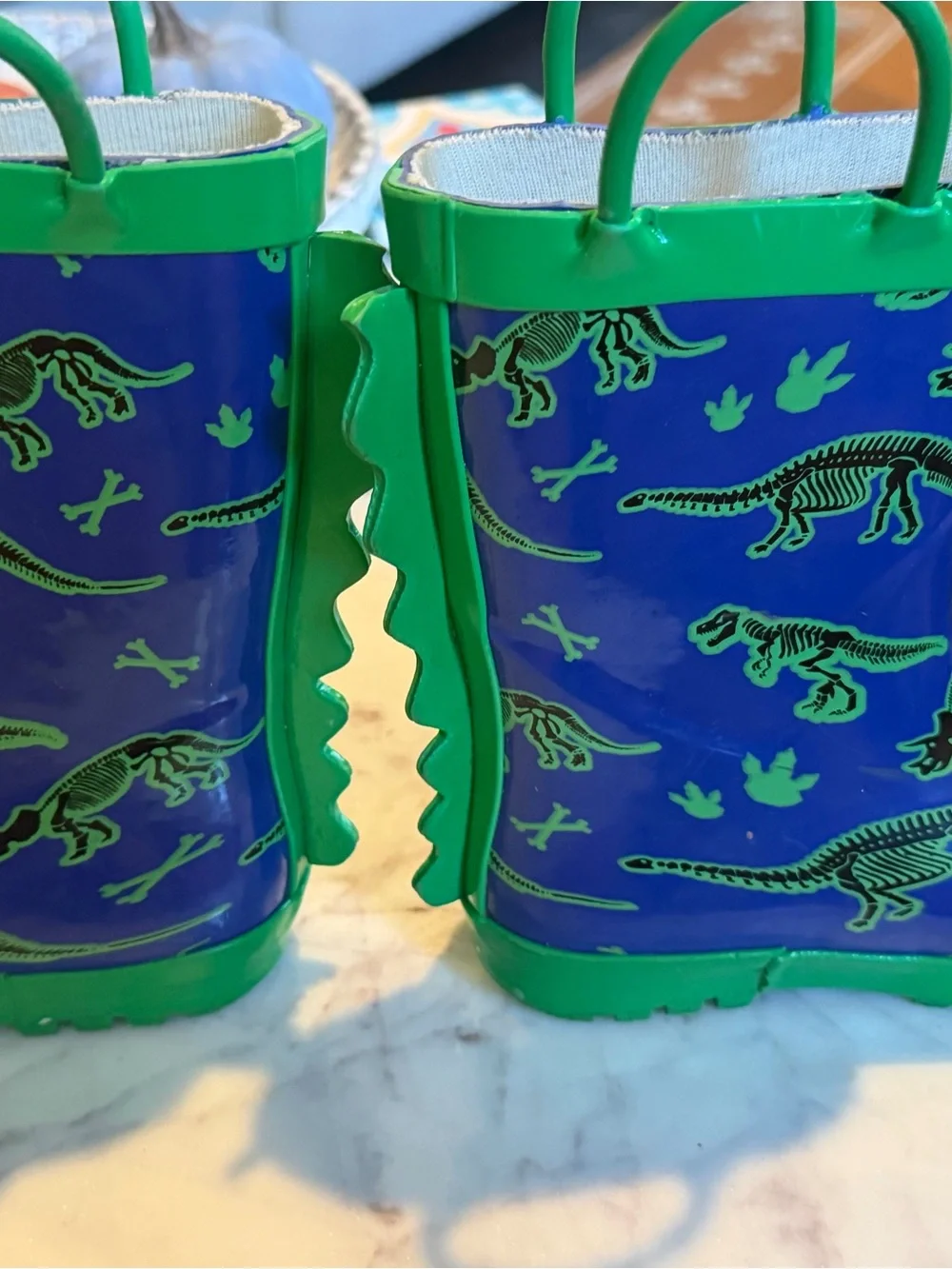 Kids Blue & Green Dinosaur Skeleton Pull On Rain Boots 7T